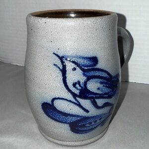 Vintage Rowe Pottery Works Salt Glazed Stoneware Mug Blue Bird Motif Handpainted